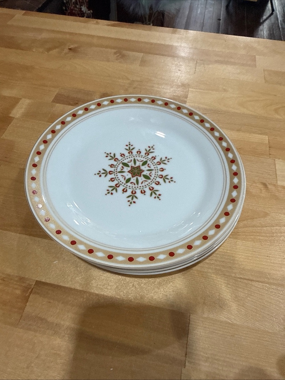 Pier 1 White Dinner Plates with Red and Gold Starburst Motif